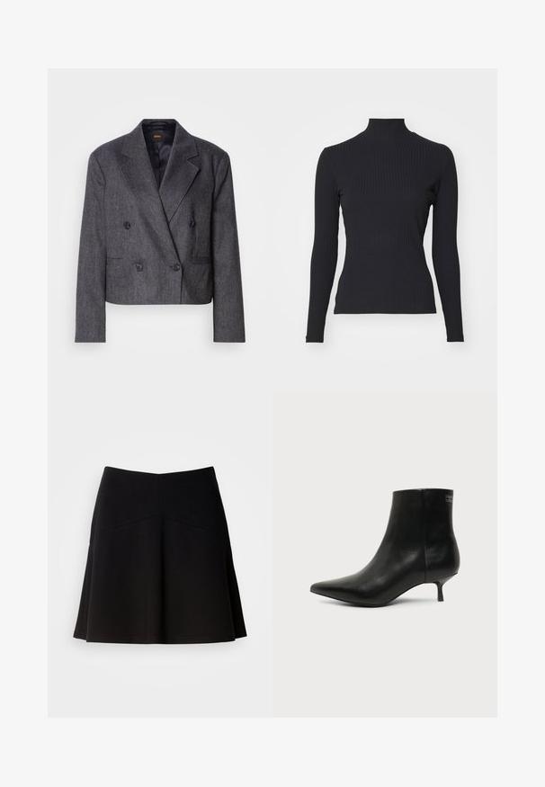 Blazer gris croisé avec un tissu texturé, des revers à cran et deux poches avant. Présente des boutons noirs et un design court.; Haut noir à col roulé côtelé avec des manches longues. Fabriqué en tissu extensible avec une coupe ajustée et un col montant. Design simple sans embellissements.; Jupe noire évasée en tissu doux, avec une taille ajustée et des coutures décoratives. Texture lisse avec un design simple et classique.; Bottine en cuir noir avec bout pointu et petit talon kitten sur fond clair, vue côté extérieur.