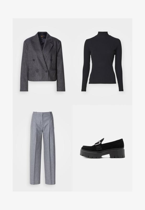 Blazer gris croisé avec un tissu texturé, des revers à cran et deux poches avant. Présente des boutons noirs et un design court.; Haut noir à col roulé côtelé avec des manches longues. Fabriqué en tissu extensible avec une coupe ajustée et un col montant. Design simple sans embellissements.; Pantalons larges gris clair en tissu texturé, avec des plis à l'avant et une taille cintrée. Design minimaliste, sans matériel visible.; Mocassin en daim noir avec semelle à crampons épaisse, détail boucle argentée et inscription "HUGO" en relief sur la lanière latérale, vu de côté extérieur.
