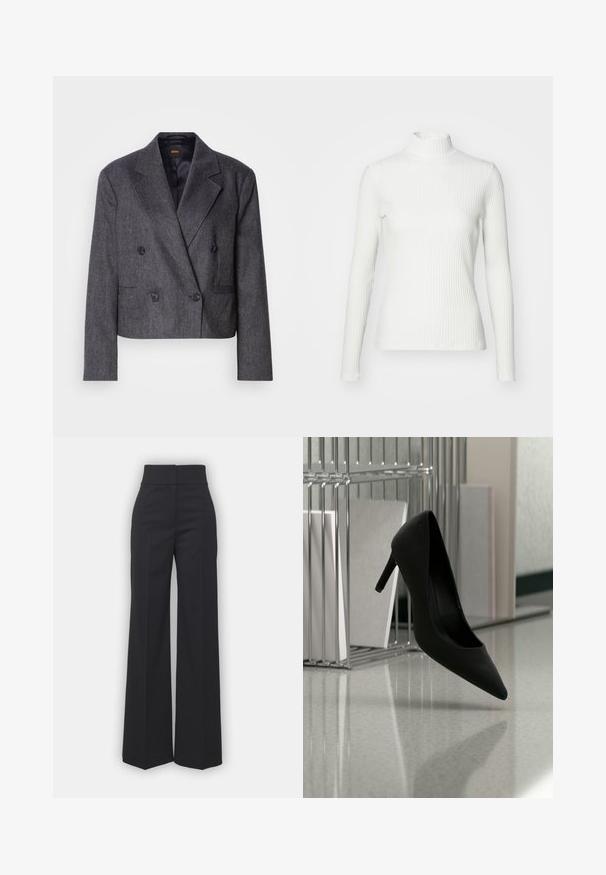 Grå doublé blazer med tekstureret stof, med spidse klapper og to forlommer. Udstyret med sorte knapper og et cropped design.; Hvid ribbet turtleneck blouse med lange ærmer, lavet af elastisk stof. Har et tætsiddende design og høj hals for god dækning.; Bredbenede bukser i sort stof med høj talje, der har en ren finish og glat tekstur. Ingen synlige detaljer eller mønstre.; Sort højhælet sko balancerende på hælen på en reflekterende bordplade nær metalfilholder med hvide mapper.
