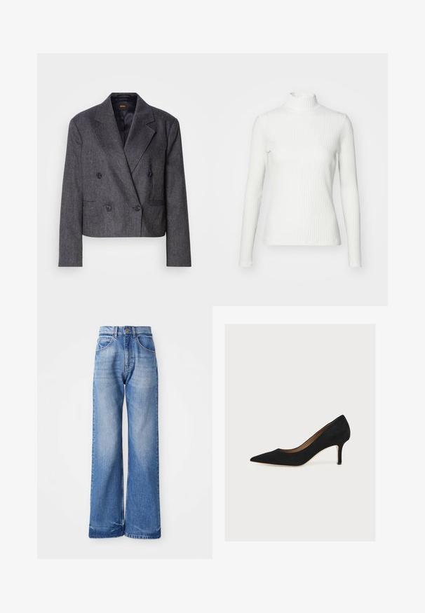 Grauer doppelt üblicher Blazer aus strukturiertem Stoff, mit Reverskragen und zwei vorderen Taschen. Verfügt über schwarze Knöpfe und ein tailliertes Design.; Weißes geripptes Turtleneck-Oberteil mit langen Ärmeln, aus elastischem Stoff. Verfügt über ein enganliegendes Design und einen hohen Kragen für zusätzlichen Schutz.; Helle blaue weite Jeans aus Denim, mit hoher Taille, fünf Taschen und subtilen Waschungen an der Vorderseite für Textur.; Schwarzer Wildleder-Pumps mit spitzer Zehenpartie, mittelhohem Stilettoabsatz und hellbrauner Innensohle auf hellem Hintergrund.