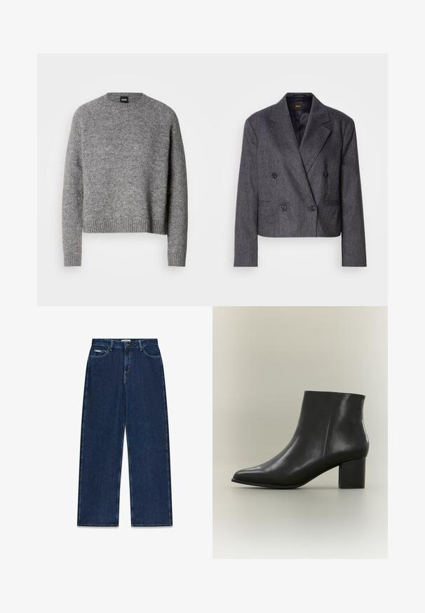 Grijze double-breasted blazer van een structuurstof, met notch-lapels en twee voorzakken. Bevat zwarte knopen en een cropped design.; Grijze gebreide trui met een ronde hals, lange mouwen en geribde manchetten en zoom. Zachte textuur; minimalistisch ontwerp zonder patronen of accenten.; Donkerblauwe spijkerbroek met rechte pijpen, voorzakken, ceintuurlussen en knoopsluiting op een witte achtergrond.; Zwarte leren enkelboot met een spitse neus, een gladde textuur en een chunky vierkante hak. Eenvoudig ontwerp zonder zichtbare accenten of patronen.