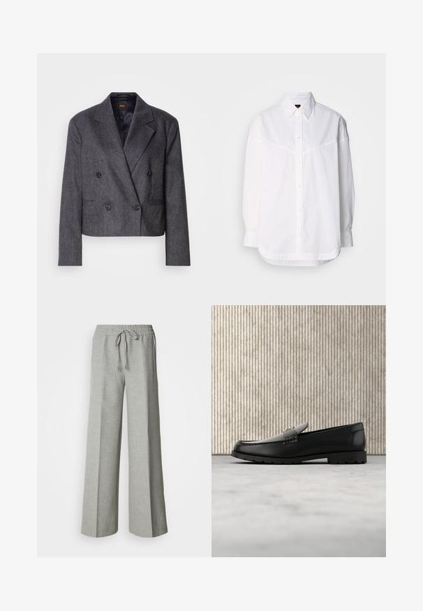 Grijze double-breasted blazer van een structuurstof, met notch-lapels en twee voorzakken. Bevat zwarte knopen en een cropped design.; Witte lange mouwen shirt van katoen, met een button-down kraag, knopen aan de voorkant en een ontspannen pasvorm met subtiele stikdetails.; Lichtgrijze wijde broek met elastische tailleband en trekkoord, voorzakken en een subtiele gestructureerde stof.; Zwarte leren loafers met een verhoogde naad, gouden accentlogo en gestructureerde band. Voorzien van een dikke, duurzame rubberen zool.