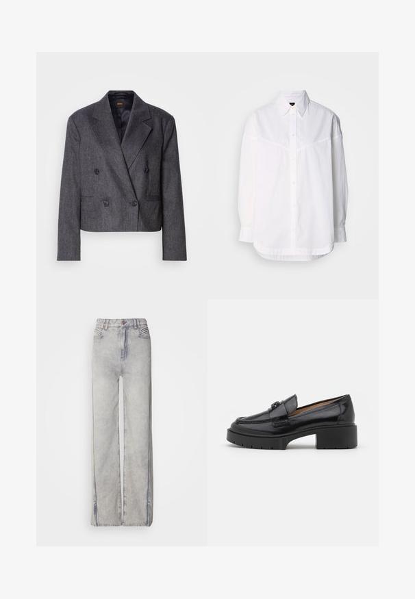 Grauer doppelt üblicher Blazer aus strukturiertem Stoff, mit Reverskragen und zwei vorderen Taschen. Verfügt über schwarze Knöpfe und ein tailliertes Design.; Weißes Langarmshirt aus Baumwolle mit einem Button-down-Kragen, Frontknöpfen und einer lässigen Passform mit dezenten Stickdetails.; Helle blaue Jeans mit weitem Bein aus Denim mit verblasster Waschung, ausgestattet mit einem Reißverschluss, fünf Taschen und Kontrastnähten.; Schwarze Lederloafer mit niedrigem Blockabsatz, runder Zehenform, dekorativem Riemen und strukturiertem Steppdetail im Obermaterial. Glatte Oberfläche.