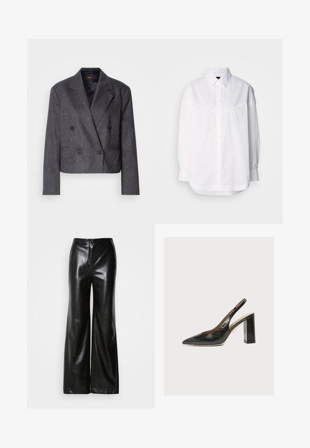 Grauer doppelt üblicher Blazer aus strukturiertem Stoff, mit Reverskragen und zwei vorderen Taschen. Verfügt über schwarze Knöpfe und ein tailliertes Design.; Weißes Langarmshirt aus Baumwolle mit einem Button-down-Kragen, Frontknöpfen und einer lässigen Passform mit dezenten Stickdetails.; Schwarze Lederweite-Hosen mit glatter Textur, hohem Bund und verdecktem Reißverschluss an der Vorderseite. Maßgeschneiderte Passform mit sauberem Finish.; Schwarzer Leder-Damenslingback-Schuh mit spitzer Zehenpartie und dickem hohem Blockabsatz vor weißem Hintergrund.
