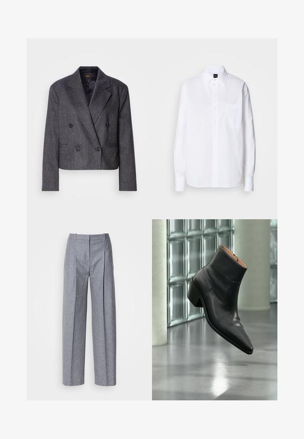 Grijze double-breasted blazer van een structuurstof, met notch-lapels en twee voorzakken. Bevat zwarte knopen en een cropped design.; Wit katoenen overhemd met een klassieke kraag, lange mouwen, een borstzak en een gladde, frisse textuur.; Lichtgrijze wijdluwe broeken van een gestructureerde stof, met plooien aan de voorkant en een fijne taille. Minimalistisch ontwerp, zonder zichtbare hardware.; Zwarte leren enkellaars met een spitse neus en blokhak die zweeft boven een reflecterende grijze vloer nabij een glazen blokmuur.
