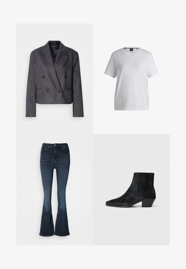 Blazer gris de doble botonadura con tejido texturizado, solapas de pico y dos bolsillos frontales. Presenta botones negros y un diseño cropped.; Camiseta de algodón blanca con cuello redondo, mangas cortas y un corte relajado. Presenta una pequeña etiqueta de la marca cerca del cuello.; Jeans de mezclilla de campana en azul oscuro con cintura alta, cierre de botón, bolsillos frontales y un sutil desgaste en los muslos y las rodillas.; Botín negro hasta el tobillo con punta afilada, material texturizado similar al pelo, panel lateral acanalado y un tacón bajo y cuadrado. Diseño simple y moderno.
