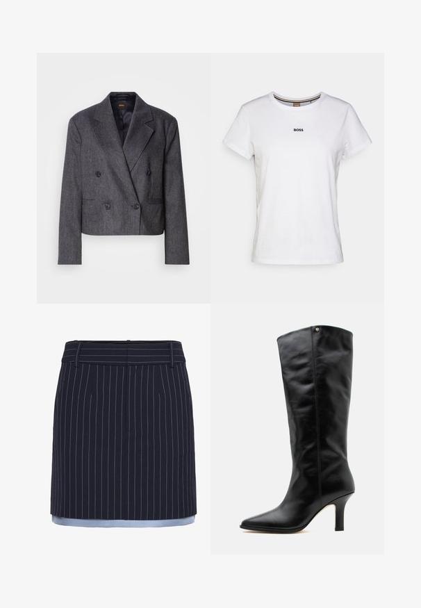 Blazer gris croisé avec un tissu texturé, des revers à cran et deux poches avant. Présente des boutons noirs et un design court.; T-shirt en coton blanc à manches courtes, col rond, avec un petit logo noir "BOSS" sur la poitrine, ayant une texture lisse.; Jupe bleu marine à rayures, avec une coupe droite, mettant en valeur des accents bleu clair au niveau de l'ourlet, fabriquée dans un tissu texturé et dotée d'une ceinture large.; Botte en cuir noire mi-mollet avec bout pointu et talon moyen fin, avec un petit logo métallique près du bord supérieur.