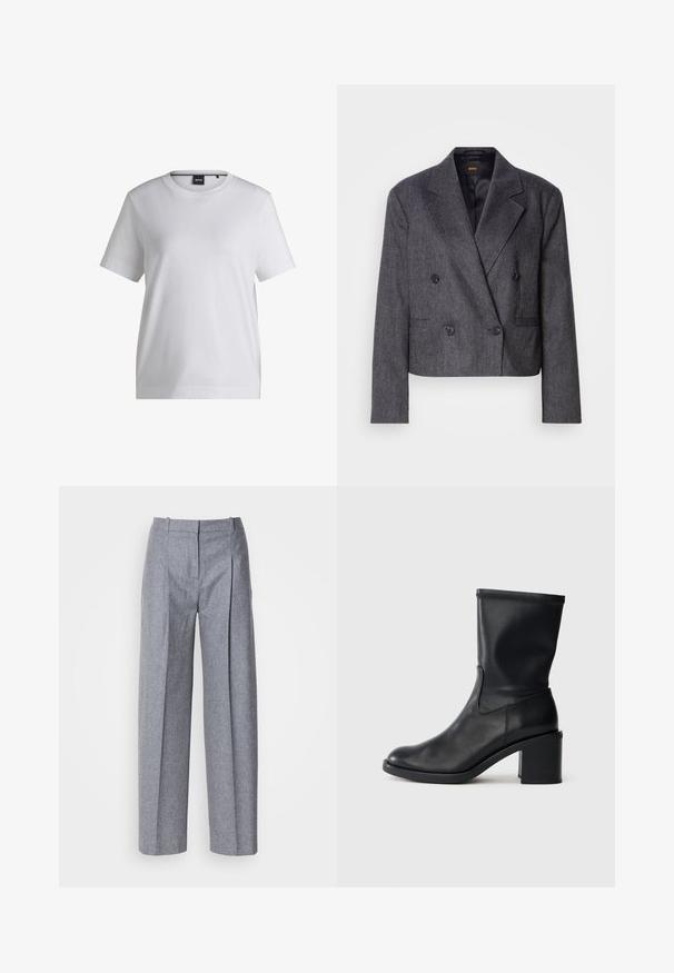 Grijze double-breasted blazer van een structuurstof, met notch-lapels en twee voorzakken. Bevat zwarte knopen en een cropped design.; Witte katoenen t-shirt met een ronde halslijn, korte mouwen en een ontspannen pasvorm. Heeft een klein merketiket nabij de kraag.; Lichtgrijze wijdluwe broeken van een gestructureerde stof, met plooien aan de voorkant en een fijne taille. Minimalistisch ontwerp, zonder zichtbare hardware.; Zwarte leren enkellaars met een ronde neus, een gladde textuur en een chunky hak, met een strak schacht en subtiele stiksels.