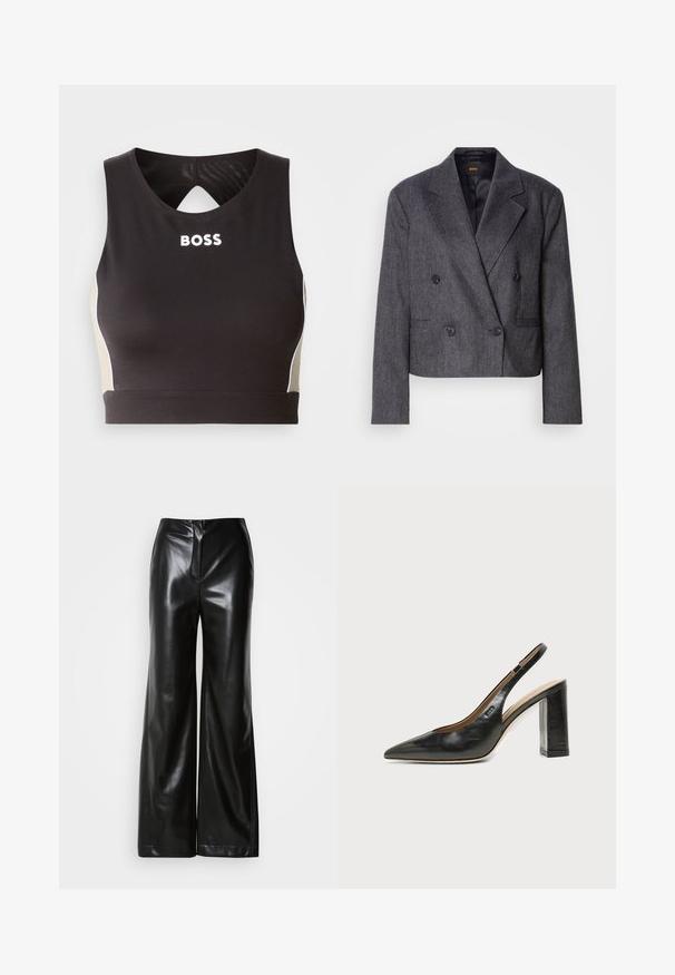 Blazer gris croisé avec un tissu texturé, des revers à cran et deux poches avant. Présente des boutons noirs et un design court.; Crop top de sport noir avec un dos en clé, présentant l'inscription "BOSS" en blanc et des accents beige sur les côtés. Fabriqué en tissu extensible et lisse.; Pantalons larges en cuir noir avec une texture lisse, taille haute et fermeture éclair frontale dissimulée. Coupe ajustée avec une finition soignée.; Chaussure slingback en cuir noir à bout pointu avec un talon bloc haut et une doublure intérieure beige sur un fond clair uni.