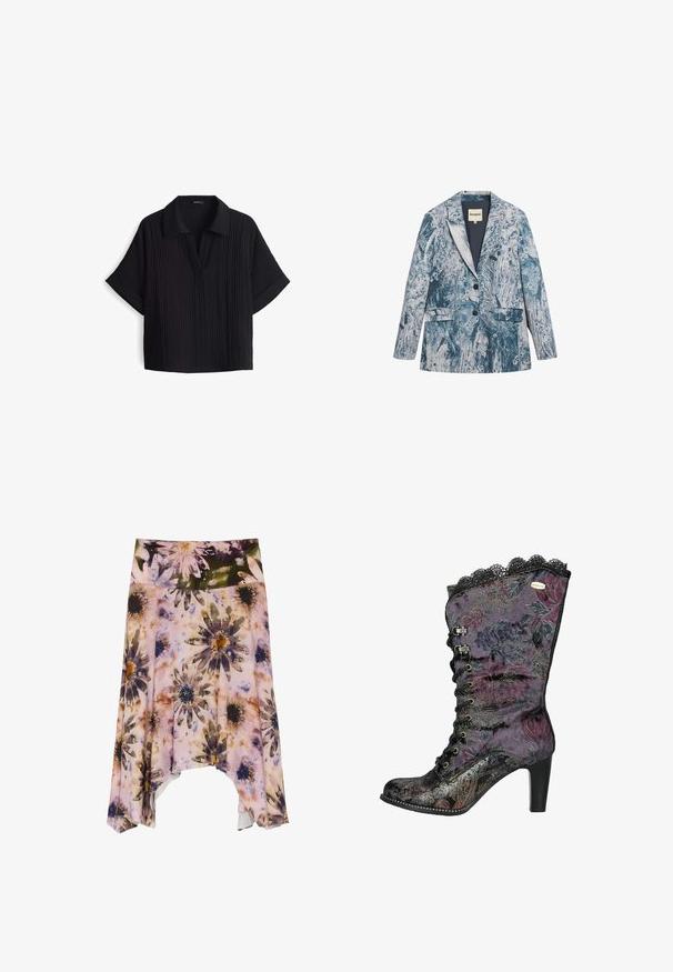 Blazer met lange mouwen, met inkepingrevers, twee knopen, voorflapzakken en een blauw-wit abstract bloemmotief.; ZwarteT-shirt met korte mouwen en een kraaghalslijn, gemaakt van een textuur- en ribstof en met een losse pasvorm. Geen zichtbare sluitingen.; Asymmetrische rok met lichtroze achtergrond en grote abstracte madeliefjesprint in paarse, gele en zwarte tinten.; Paarse hoge hakken laars met een bloemenpatroon en kantafwerking, van fluwelen materiaal en metallic accenten. Heeft een vetersluiting aan de voorkant en een textuurontwerp.