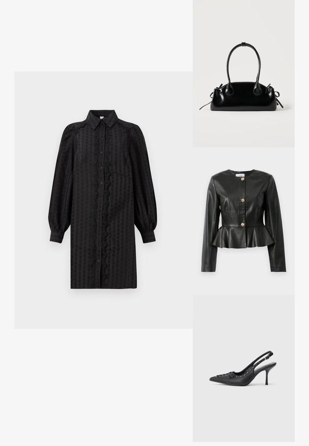 Schwarze Kunstlederjacke mit langen Ärmeln, Peplum-Saum und drei dekorativen goldenen Knotenknöpfen vorne.; Schwarzes, knopfbares Kleid aus glattem Stoff, mit einem strukturierten Muster, Puffärmeln und einem dekorativen Spitzenbesatz entlang der Front.; Schwarzer Leder-Slingback-Stiletto mit spitzem Zehenaufsatz, seitlichem Schnallenriemen, Nieten entlang der Kante und dekorativer Schnürung vorne.; Kleine schwarze glänzende Handtasche mit zwei langen Griffen und seitlichen Kordelzug-Details vor einfachem hellem Hintergrund.