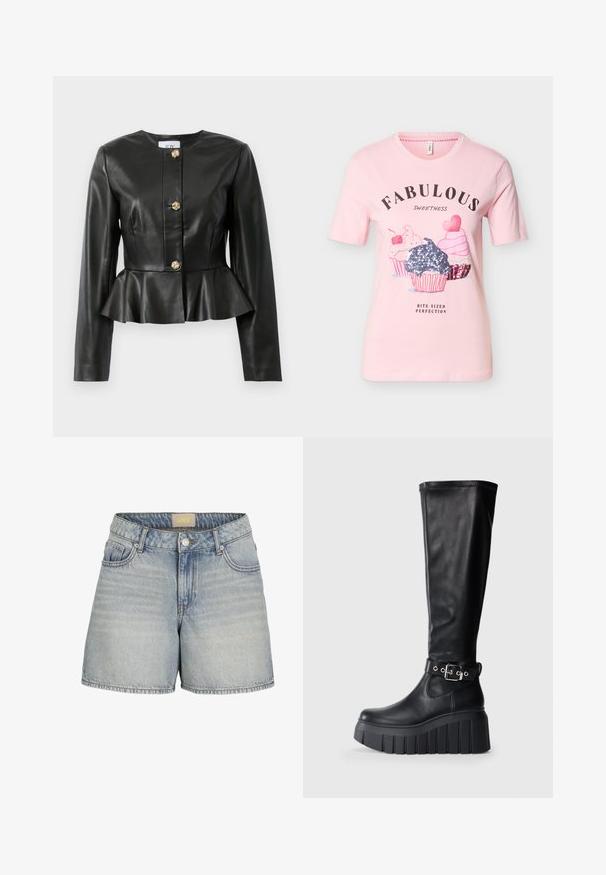 Chaqueta de imitación de cuero negra con mangas largas, dobladillo peplum y tres botones decorativos de nudos dorados en la parte delantera.; Camiseta rosa claro con el texto "FABULOSA DULZURA" y tres cupcakes decorados, incluyendo uno con lentejuelas plateadas. Texto "PERFECCIÓN EN BOCADOS" debajo.; Shorts de mezclilla azul claro con una cintura alta, que cuentan con un cierre de botón, cinco bolsillos y un ligero desgaste para un aspecto texturizado.; Botas negras hasta la rodilla de cuero suave, con una suela de plataforma gruesa, un tacón robusto y un detalle de cinturón ajustable cerca del tobillo.