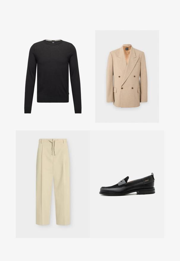 Beige dobbeltradet blazer med brede revers, fire brune knapper, to klaplommer og indvendig satinfor, vist på hvid baggrund.; Sort langærmet trøje lavet af fint strikket stof. Har en rund halsudskæring samt ribbede manchetter og kant. Minimalistisk design uden mønstre.; Beige bukser med lige ben, bæltestropper og bindebånd foran, med et rent, skræddersyet design og tekstureret stof.; Sort læderloafer med grå remdetalje, lav hæl og tekstureret sål, mærket med "HUGO" i guld på siden.