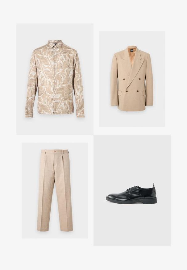 Blazer beige croisé avec larges revers, quatre boutons marron, deux poches à rabat et doublure intérieure en satin, présenté sur fond blanc.; Chemise beige à manches longues avec boutons sur le devant, motif de vigne feuillue blanche et col pointu.; Pantalon beige à jambes droites avec plis, fermeture par bouton, passants pour ceinture et coupe ajustée.; Chaussure habillée en cuir noir brillant avec un petit talon, fermeture à lacets et bout rond, vue de côté sur un fond uni et clair.