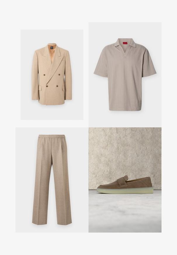 Blazer beige croisé avec larges revers, quatre boutons marron, deux poches à rabat et doublure intérieure en satin, présenté sur fond blanc.; Polo en maille beige à manches courtes avec un motif rayé vertical texturé et un col en V ouvert.; Pantalon beige à jambe droite avec taille élastique et plis marqués sur le devant de chaque jambe.; Mocassin beige en daim sans lacets avec semelle en caoutchouc blanche et logo BOSS sur la sangle latérale, présenté sur un fond neutre uni.
