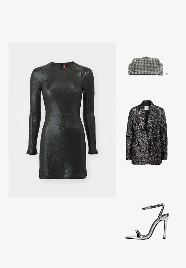Schwarzer Paillettenteil mit lockerer Passform, ausgestattet mit einem Schalkragen und ohne Verschlüsse. Der Stoff hat eine glänzende, strukturierte Oberfläche.; Schwarzes, paillettenbesetztes Kleid mit langen Ärmeln, rundem Ausschnitt, körperbetontem Schnitt und einem Reißverschluss auf der Rückseite. Hat eine glatte Textur und einen glänzenden Finish.; Silberne metallische High-Heel-Sandaletten mit spitzer Zehenform, dünnem Knöchelriemen, glatter Oberfläche und einem eleganten, glänzenden Finish.; Reiss ADALINE EMBELLISHED - Clutch - silver coloured