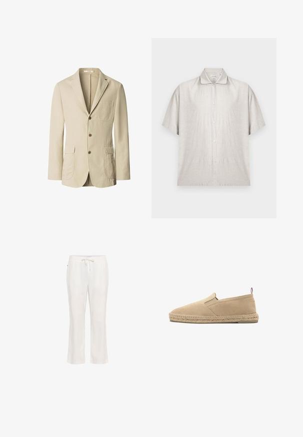 Beige herreblazer med tre brune knapper, hakspidskrave, én brystlomme og to forlommer med klap, vist på hvid baggrund.; Lysebeige kortærmet skjorte lavet af blødt stof. Den har en klassisk krave og en knaplukning foran med syv knapper.; Lettere, hvide linnedbukser med elastisk talje og snorbindning. Lige ben-design med en glat tekstur og uden bemærkelsesværdige mønstre.; Beige lærred slip-on espadrille med syet jute sål og lille stof trække-flig ved hælen, vist i sideprofil på hvid baggrund.