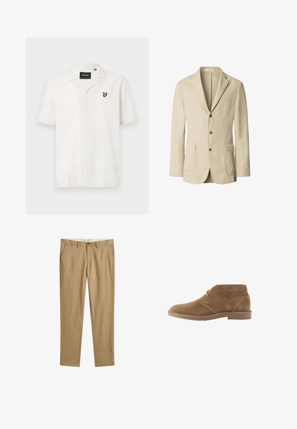 Blazer beige de hombre con tres botones marrones, solapa con muesca, un bolsillo en el pecho y dos bolsillos con solapa al frente, mostrado sobre un fondo blanco.; Camisa de lino color crema de mangas cortas con cuello, que presenta un logo bordado en amarillo y negro en el lado izquierdo del pecho y siete botones.; Pantalones beige casual de pierna recta con trabillas para cinturón, cierre frontal con botón y cremallera, y bolsillos laterales, vista frontal.; Zapato casual marrón de ante hasta el tobillo con dos ojales para cordones y suela cosida sobre fondo blanco, vista lateral.