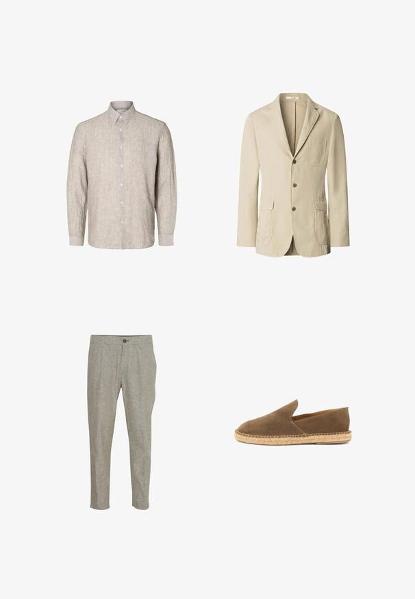 Beiger Herrenblazer mit drei braunen Knöpfen, Revers mit Kerb, einer Brusttasche und zwei vorderen Pattentaschen, dargestellt auf weißem Hintergrund.; Helles graues Leinenhemd mit langen Ärmeln, geknöpftem Kragen und vorderer Knopfleiste. Textil mit einer dezenten Struktur.; Hellgraue Leinenhose mit Gürtelschlaufen, Knopf- und Reißverschluss, Seitentaschen und einer entspannten, gerade geschnittenen Passform auf weißem Hintergrund.; Braune Wildleder-Espadrille zum Hineinschlüpfen mit geflochtener Jutesohle und niedrig geschnittenen Seiten, entworfen für den Freizeitgebrauch.