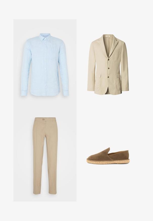 Beige herenblazer met drie bruine knopen, een ingezette reverskraag, een borstzak en twee voorzakken met klep, weergegeven op een witte achtergrond.; Lichtblauwe linnen overhemd met knopen, lange mouwen, spitse kraag en een borstzak. Heeft een licht gestructureerd oppervlak en knoopsluiting.; Beige linnen broek met een rechte pasvorm, voorzien van een knoopsluiting, ceintuurlussen en een gladde textuur.; Bruine suède instap-espadrille met gevlochten juten zool en laag uitgesneden zijkanten, ontworpen voor casual gebruik.