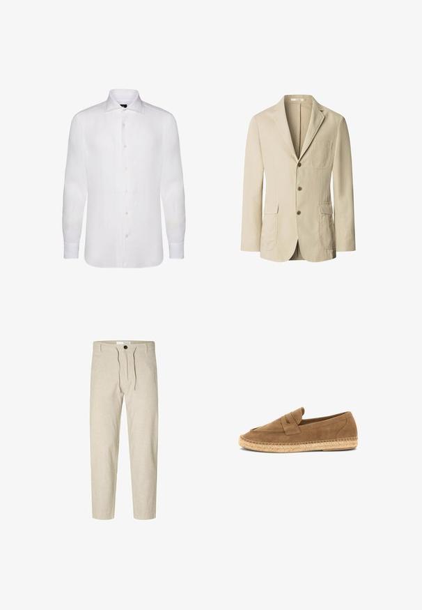 Beiger Herrenblazer mit drei braunen Knöpfen, Revers mit Kerb, einer Brusttasche und zwei vorderen Pattentaschen, dargestellt auf weißem Hintergrund.; Weißes langärmliges Button-Down-Shirt aus leichtem Stoff, das einen klassischen Kragen, eine subtile Textur und sechs Knöpfe auf der Vorderseite aufweist.; Selected Slim Tapered Linen Blend - Stoffhose - vetiver; Brauner Wildleder-Slipper mit gewebter Jutesohle und Penny-Riemendetail, entworfen für den Freizeitgebrauch.