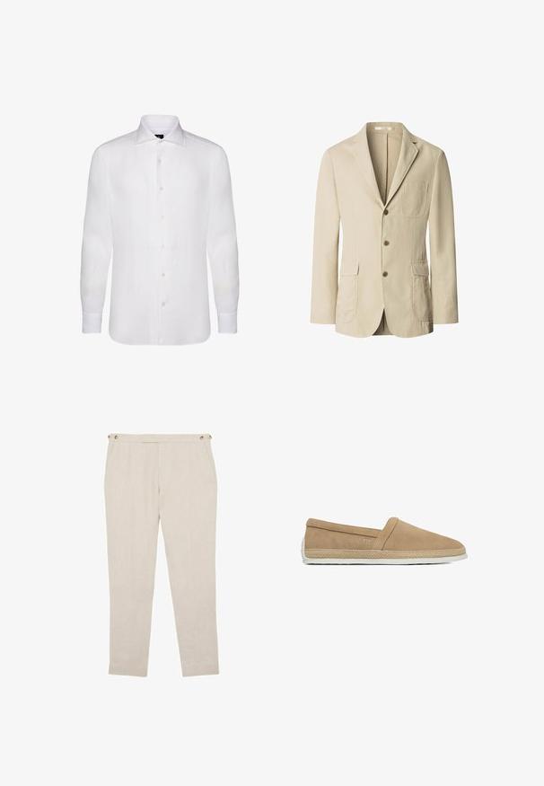 Beiger Herrenblazer mit drei braunen Knöpfen, Revers mit Kerb, einer Brusttasche und zwei vorderen Pattentaschen, dargestellt auf weißem Hintergrund.; Weißes langärmliges Button-Down-Shirt aus leichtem Stoff, das einen klassischen Kragen, eine subtile Textur und sechs Knöpfe auf der Vorderseite aufweist.; Beige, maßgeschneiderte Hose mit Seitentaschen und Knopfdetails am Bund, mit einem schlanken, geraden Bein.; Beiger Slip-On Freizeitschuh mit Wildlederoberteil, geflochtenem Jutebesatz rund um die Sohle und weißer Gummisohle.