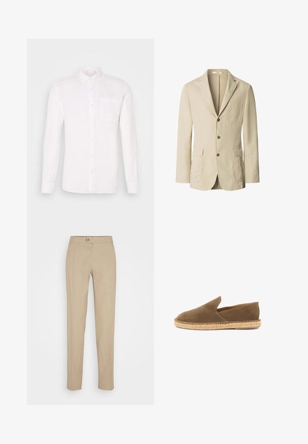 Beige herreblazer med tre brune knapper, hakspidskrave, én brystlomme og to forlommer med klap, vist på hvid baggrund.; Hvid langærmet skjorte i lin med knap-ned krave, enkelt brystlomme og lige snit. Glat tekstur, minimalistisk design.; Beige bukser lavet af hør med lige ben-design, featuring knaplukning, bæltestropper og glat tekstur.; Brun ruskinds slip-on espadrille med flettet jutesål og lavtskårne sider, designet til afslappet brug.