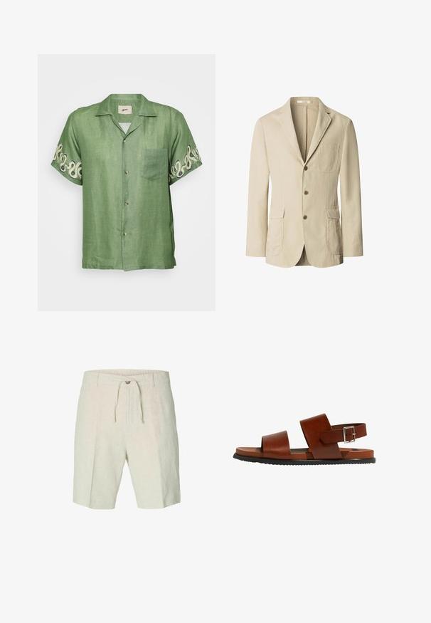 Beige herreblazer med tre brune knapper, hakspidskrave, én brystlomme og to forlommer med klap, vist på hvid baggrund.; Kortærmet grøn linnedskjorte med knaplukning fortil, lomme og indviklet cremelækkert mønster på ærmerne. Let og åndbart stof.; Linned shorts i lys beige med snor i taljen, frontfolder og to sidelommer. Glat tekstur med afslappet design.; Brune lædersandaler med to brede stropper og en justerbar ankelspænde. Har en flad sål og en struktureret sort gummisål.