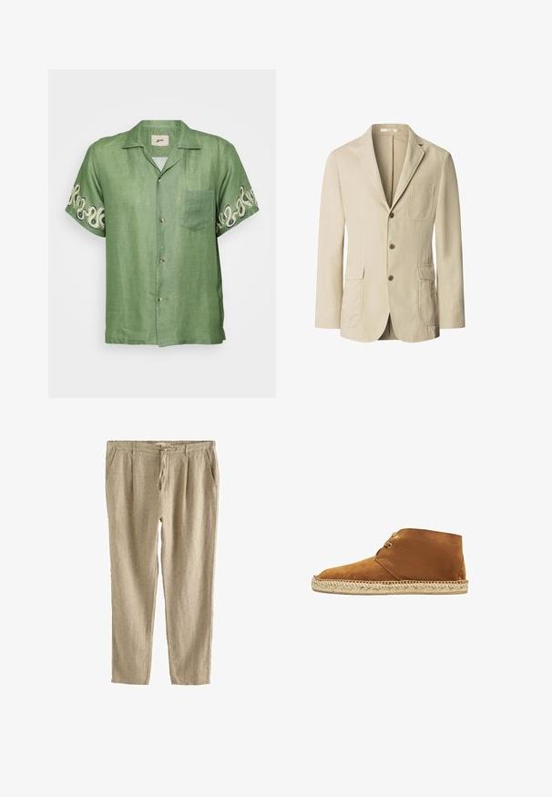 Beiger Herrenblazer mit drei braunen Knöpfen, Revers mit Kerb, einer Brusttasche und zwei vorderen Pattentaschen, dargestellt auf weißem Hintergrund.; Kurzarm-Hemd aus grünem Leinen mit Knopfleiste, aufgesetzter Tasche und filigranem cremefarbenen Wirbelmuster an den Ärmeln. Leichter und atmungsaktiver Stoff.; Beige Leinen-Casualhose mit Kordelzug an der Taille, Seitentaschen und entspannter gerader Passform.; Braune Wildleder-Stiefeletten mit einer abgerundeten Spitze und einer Sohle aus Jute-Seil. Sie verfügen über ein Schnürdesign und eine glatte Textur, ideal für die Freizeit.