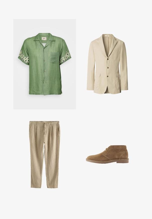 Beige herenblazer met drie bruine knopen, een ingezette reverskraag, een borstzak en twee voorzakken met klep, weergegeven op een witte achtergrond.; Korte mouwen groene linnen shirt met een knoopsluiting aan de voorkant, een opgestikt zakje en een ingewikkeld crèmekleurig spiraalpatroon op de mouwen. Lichtgewicht en ademend materiaal.; Beige linnen casual broek met een trekkoord in de taille, zijzakken en een ontspannen rechte pasvorm.; Bruine suède enkellaars casual schoen met twee veterogen en gestikte zool op witte achtergrond, zijaanzicht.