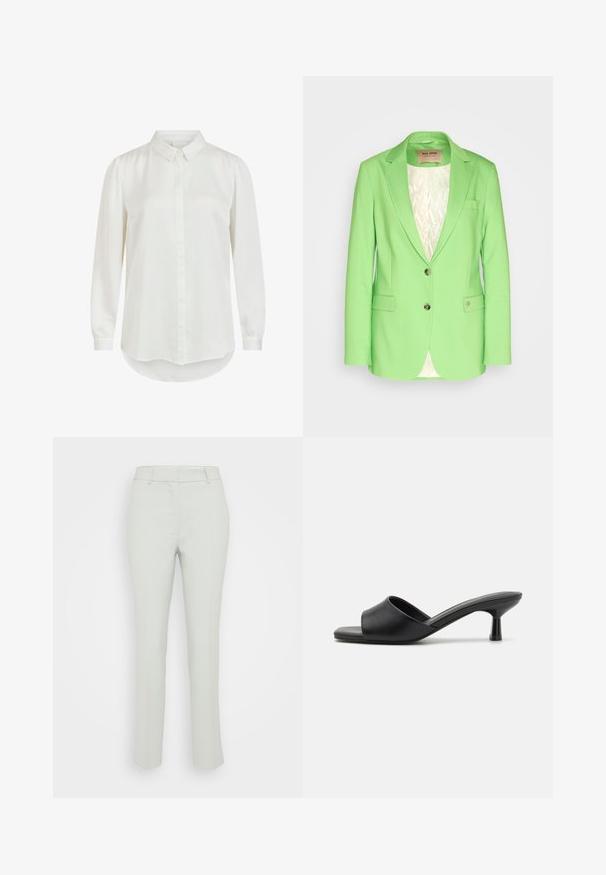 Mos Mosh NIGHT - Blazer - green flash; Hvid langærmet skjorte med klassisk krave, der har en glat tekstur og knaplukning. Rundet kant og let puffede ærmer.; Lys grå skræddersyede bukser med lige ben design, der har en flad front, bæltesløjfer og en glat stoftekstur.; Sorte slidesandaler med en glat læderoverdel, åben tå og en lav, blank hæl. Minimalistisk design med en buet form og slank finish.
