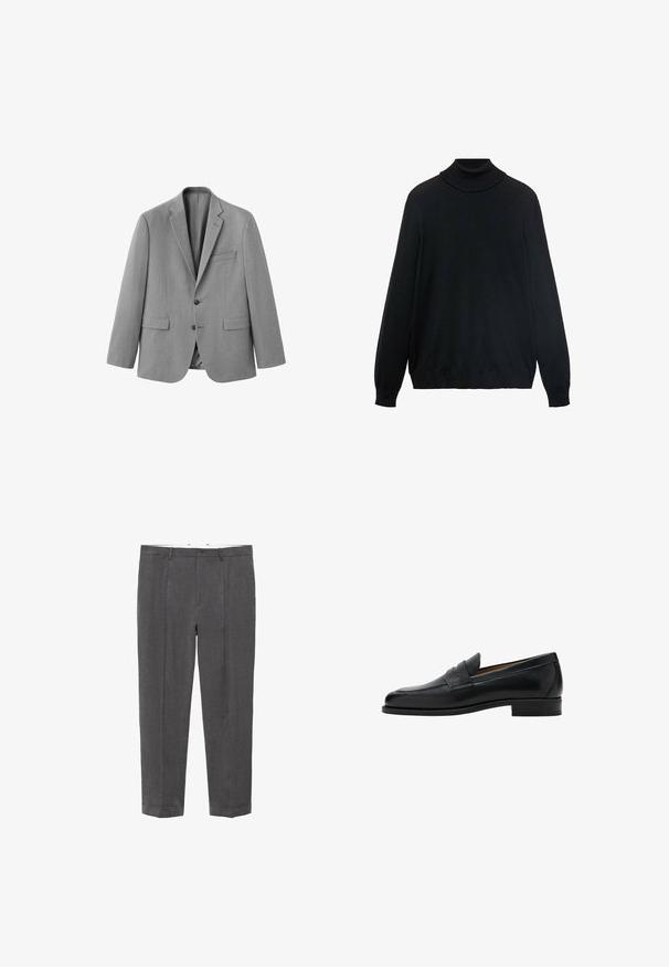 Lysegrå herrejakke med notch revers, to knapper, en brystlomme og to frontlommer med klap, vist på en hvid baggrund.; Sort turtleneck sweater med en tætsiddende krave, lange ærmer og ribbede manchetter og kant. Lavet af blødt, strækbart stof med en glat tekstur.; Mørkegrå skræddersyede bukser med bæltestropper, knaplukning, forkantfold og opsmøgte kanter, vist fladt mod en hvid baggrund.; Sort læder penny loafer med lav hæl, rundet tå og rem over den øverste del af skoen.