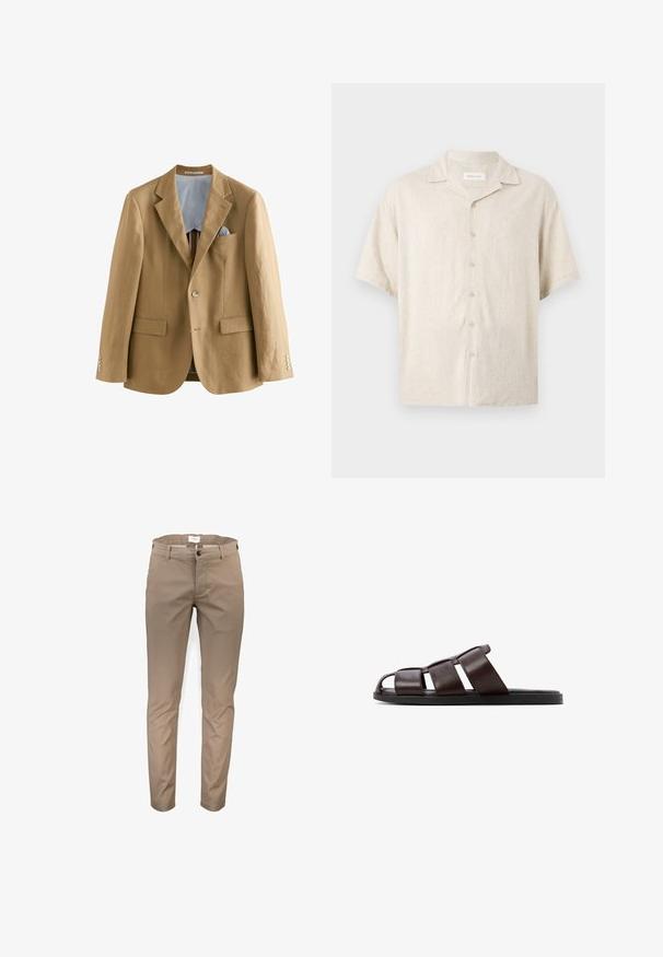 Lichtbruin linnen blazer met notch-revers, twee voorzakken en knoopsluitingen. De binnenkant heeft een blauw-witte gestreepte voering.; Beige overhemd met korte mouwen, knopen aan de voorkant, campkraag en een losse pasvorm, gemaakt van lichtgewicht stof.; Khaki chino's met een slim fit ontwerp, ritssluiting, knoopsluiting, ceintuurlussen en zijzakken; gladde katoenen stof met minimale kreukels.; Bruine leren slidesandalen met een breed bandontwerp, open teenstijl en een platte zwarte zool. Beschikken over een gladde textuur en minimale details.