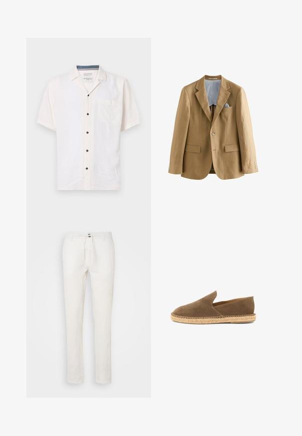 Lysbrun linned blazer med notch-lapper, to frontlommer og knaplukninger. Indvendigt har den en blå og hvid stribet foring.; Kortærmet skjorte lavet af let stof, i off-white, med en brystlomme og sorte knapper langs fronten.; Hvide linnedbukser med snoretræk i taljen, lige ben-Design og diskret tekstur. Ingen synlige lommer eller mønstre.; Brun ruskinds slip-on espadrille med flettet jutesål og lavtskårne sider, designet til afslappet brug.