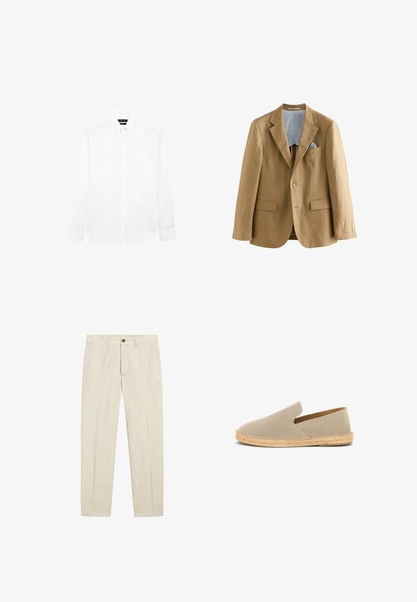 Lichtbruin linnen blazer met notch-revers, twee voorzakken en knoopsluitingen. De binnenkant heeft een blauw-witte gestreepte voering.; Wit overhemd met lange mouwen, button-down kraag en knopen aan de voorkant, plat gelegd tegen een witte achtergrond.; Beige linnen broek met knoop- en ritssluiting, zijzakken, riemlussen en een rechte pijp.; Beige suède instap-espadrille met een zool omwikkeld met jute en een lage hak, zijaanzicht op een witte achtergrond.