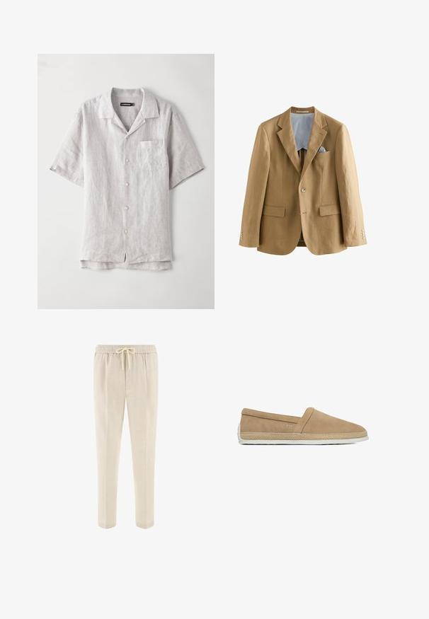 Lysbrun linned blazer med notch-lapper, to frontlommer og knaplukninger. Indvendigt har den en blå og hvid stribet foring.; Kortærmet, lys grå linskjorte med spids krave, brystlomme og fire knapper ned langs midten. Glat tekstur, afslappet pasform.; Beige bukser med snøre i taljen, forlommer og lige ben, designet til afslappet eller casual brug.; Beige slip-on afslappet sko med ruskindsoverdel, flettet jutebiste rundt om sålen og hvid gummisål.