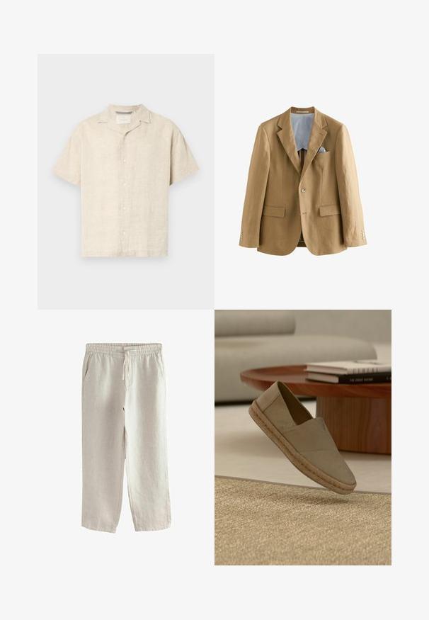 Blazer en lin de couleur brun clair avec des revers crantés, deux poches avant et des fermetures à bouton. À l'intérieur, il présente une doublure rayée bleue et blanche.; Chemise à manches courtes beige clair en lin, dotée d'un col camp, de lignes épurées et d'une texture subtile, avec cinq boutons à l'avant.; Pantalon en lin beige clair avec taille élastique, cordon de serrage, poches latérales et coupe droite.; Chaussure beige à enfiler avec semelle tressée survolant un tapis texturé, avec une table ronde en bois et des livres empilés en arrière-plan.