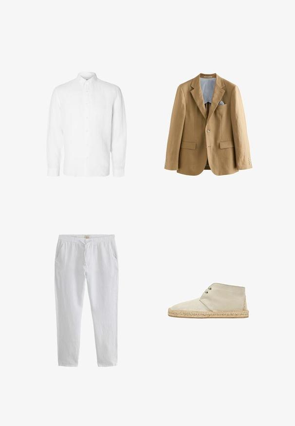 Blazer de lino marrón claro con solapas notch, dos bolsillos frontales y cierres de botones. En el interior presenta un forro a rayas azul y blanco.; Camisa blanca de manga larga hecha de lino, con cuello abotonado, botones en el frente y un ajuste relajado con puños rectos.; Pantalones casuales de algodón blanco con cintura elástica, cordón, cierre de botón y bolsillos laterales.; Botas de tobillo de ante beige con dos ojales, suela de yute trenzado y detalles de costura naranja en el talón. Textura suave y puntera redondeada.