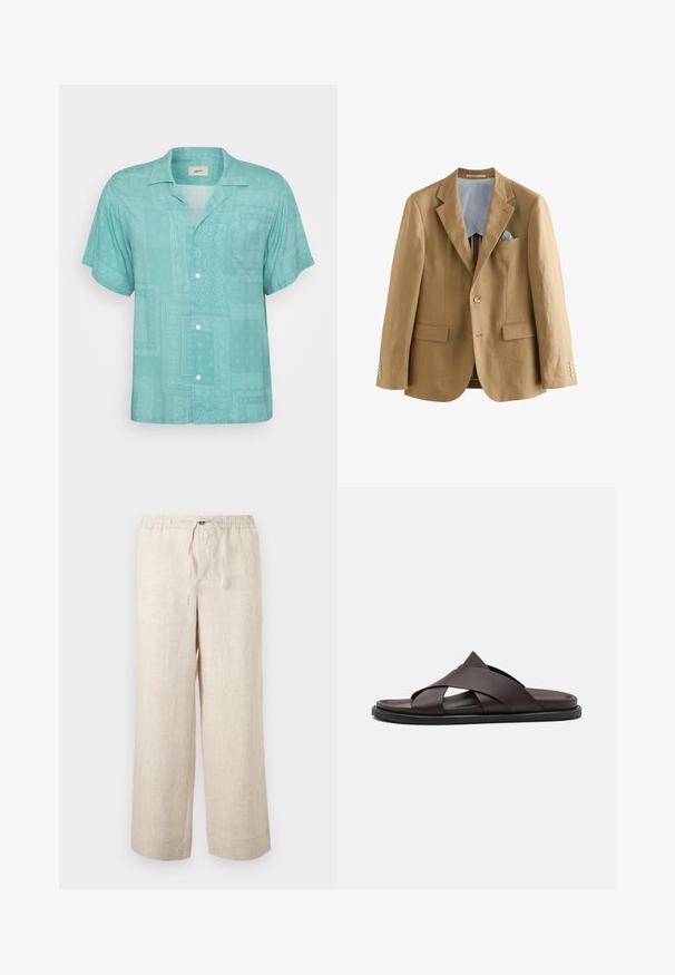 Blazer de lino marrón claro con solapas notch, dos bolsillos frontales y cierres de botones. En el interior presenta un forro a rayas azul y blanco.; Camisa de manga corta con cuello en tejido de color verde claro que presenta un diseño sutil y estampado con parches y texturas. Con un bolsillo en el pecho.; Pantalones anchos de lino beige con cintura elástica, botón frontal y cierre de cordón, mostrados sobre un fondo claro y liso.; Stuart Weitzman BERKLEY - Sandalias planas - espresso