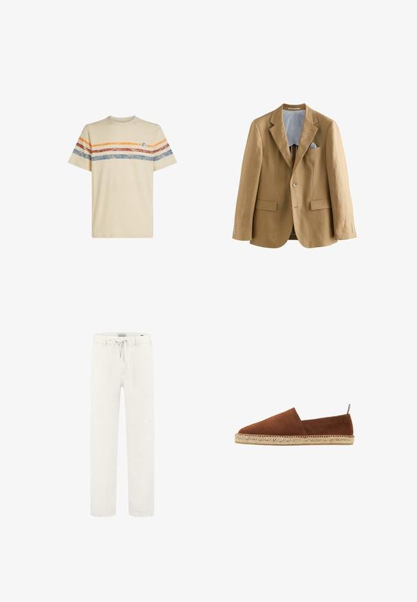 Lichtbruin linnen blazer met notch-revers, twee voorzakken en knoopsluitingen. De binnenkant heeft een blauw-witte gestreepte voering.; Crème katoenen t-shirt met horizontale strepen in oranje, rood en blauw. Korte mouwen, ronde halslijn en een klein logo detail op de borst.; Witte linnen broek met een taillekoord en een rechte pijpdesign. Gladde textuur, minimale details en een relaxte pasvorm.; Scarosso Espadrilles - chestnut suede