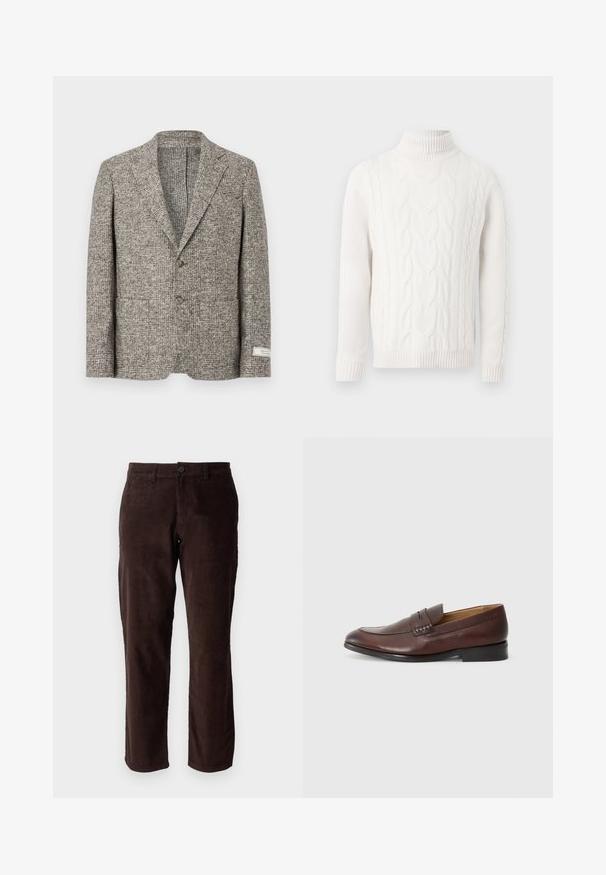 Villa villakangastakki, jonka ruskeassa ruutukuosissa on tekstuuria. Varustettu kauluksella, kahdella etutaskulla ja kahdella nappilla. Tunnusmerkki vasemmassa hihassa.; Hackett London CABLE ROLL NECK - Neule - off white; Ruske hlače od kordura s ravnim krojem, opremljene zatvaranjem na gumbe i suptilnom teksturom. Idealne za ležerno ili polu-formalno nošenje.; JOOP! KLEITOS - Loaferit/pistokkaat - brown