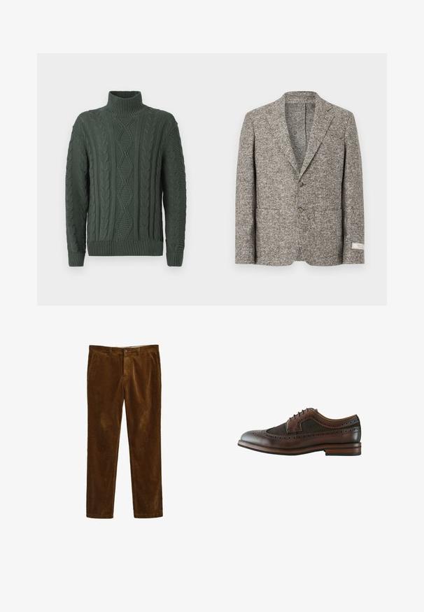 Wollen blazer in een getextureerd bruin ruitpatroon. Kenmerkt zich door een notched lapel, twee voorzakken en twee knopen. Label op de linkermouw.; Donkergroene kabelgebreide turtleneck trui met een ruit- en vlechtpatroon, geribde manchetten en zoom.; Bruine ribfluwelen broek met een rechte pijpdesign, voorzien van een voorste knoopsluiting en twee zijzakken. Gestructureerde stof met een geribbeld patroon.; Donkerbruine leren wingtip brogue schoen met decoratieve perforaties, vetersluiting en houten zool met gelaagde hak.