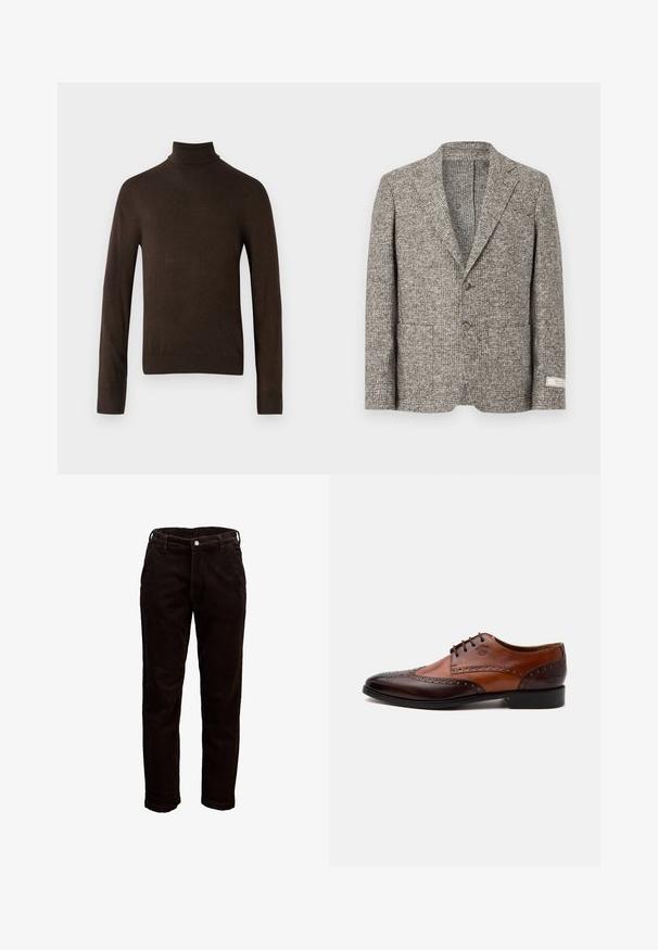 Uldblazer i et struktureret brunt plaidmønster. Har en notch-lapel, to forlommer og to knapper. Etikette på venstre ærme.; Brun rullekravesweater med lange ærmer, lavet af et glat strikket stof. Har et tætsiddende design og ribbede manchetter og krave.; Herre sorte kordfløjlsbukser med bæltestropper, forreste knap og sidelommer, vist mod en hvid baggrund.; Tofarvet brun læder herreselskabssko med brogue-detaljer og snørelukning set fra siden på hvid baggrund.