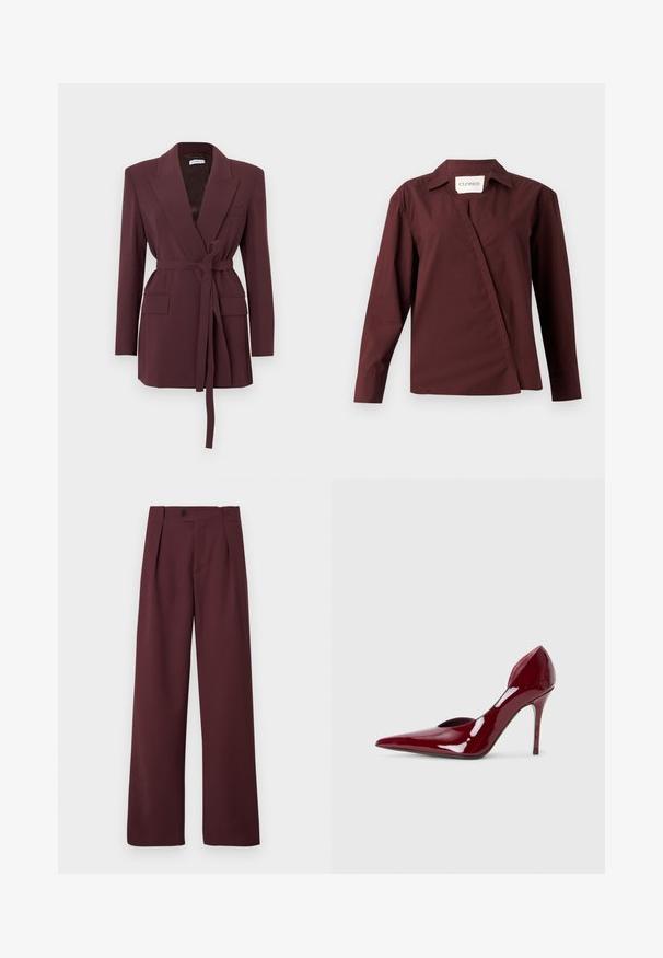 Burgundiipunane bleiser pikkade varrukatega, süvendiõmblustega krae, esitaskud ja vöökohal seotud vöö. Sile kangas ja kohandatud lõige.; CLOSED ASYMMETRIC SHIRT - Nööpidega pluus - dark raisin red; CLOSED MAWSON - Püksid - dark raisin red; Karmiinpunased lakknahast kõrge kontsaga kingad terava varbaga ja lõigatud külgedega, millel on läikiv ja peen stiletto konts. Sile, läikiv viimistlus.