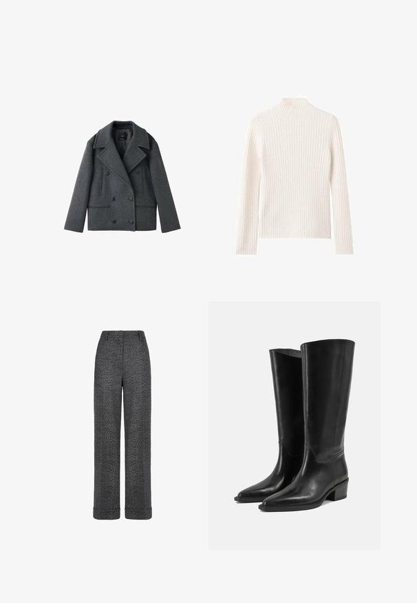 Grå uldblandet topeanuts peacoat med klapkrave, to sidelommer og knaplukninger, der har en struktureret form og tekstureret stof.; Ribstrikket rullekravesweater i off-white, lavet af blødt strikstof. Har lange ærmer og en tætsiddende silhuet.; Grå uldbukser med fiskebenmønster, lige ben, opsmøgede kanter og taljebånd med bæltestropper.; Par høje sorte læderstøvler med lave blokhæle og spidse tæer på en ensartet lys baggrund.