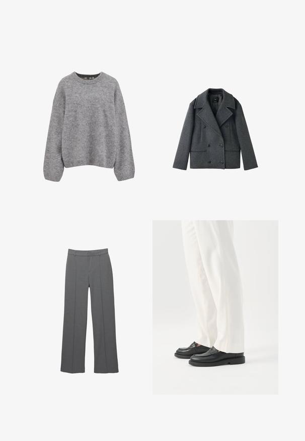 Grå uldblandet topeanuts peacoat med klapkrave, to sidelommer og knaplukninger, der har en struktureret form og tekstureret stof.; Blød lysegrå strikket sweater med lange ærmer og ribbede manchetter, kant og rund halsudskæring.; Grå vidde bukser lavet af et tekstureret stof, med en flad front, to lodrette folder og en standard taljebånd.; Person iført hvide skræddersyede bukser og sorte læder loafers stående på hvid baggrund.