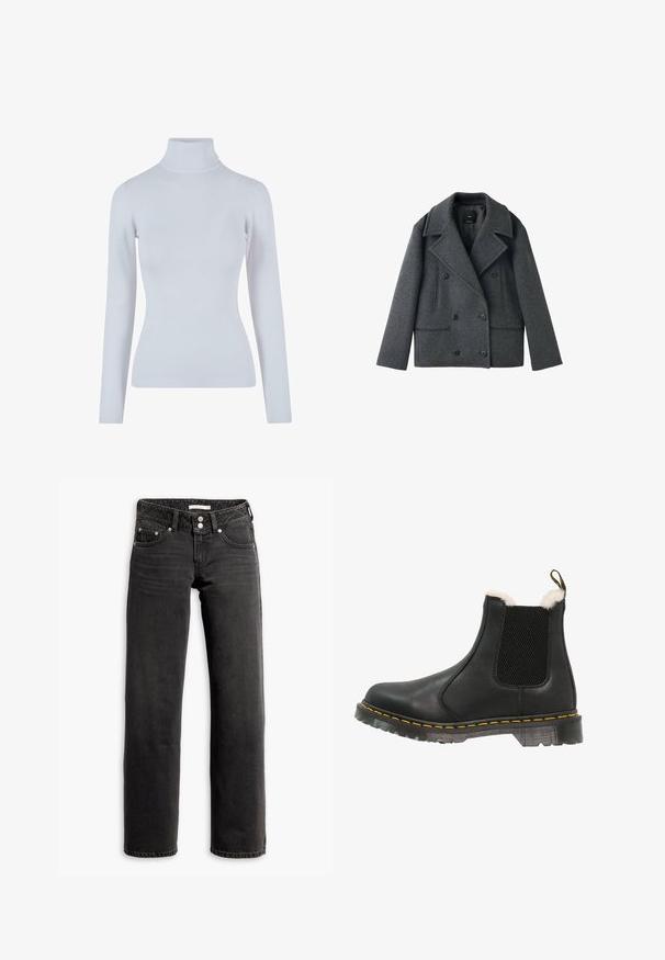 Grå uldblandet topeanuts peacoat med klapkrave, to sidelommer og knaplukninger, der har en struktureret form og tekstureret stof.; Lys grå turtleneck sweater lavet af et blødt, ribbet stof. Har lange ærmer, en tætsiddende pasform og en høj, tætsiddende krave.; Sorte straight-leg jeans med for- og baglommer, bæltestropper og dobbeltknaplukning i taljen.; Sort læder ankelstøvle med strukturerede sidepaneler, blødt hvidt faux pelsfor, gule syninger og en holdbar gummisål.