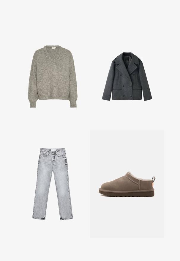 Grå uldblandet topeanuts peacoat med klapkrave, to sidelommer og knaplukninger, der har en struktureret form og tekstureret stof.; Lys grå strikket sweater med V-hals, løstsiddende pasform, ribbede mansjetter og kant. Lavet af tekstilmateriale med en blød udseende.; Lysegrå jeans med høj talje og lige ben, med forlommer, bæltestropper, knaplukning og falmet tekstur over hele stoffet.; Lavskåret taupe ruskindstofle med hvid fleeceforing, mørk gummisål og trækflig ved hælen, vist fra siden på hvid baggrund.