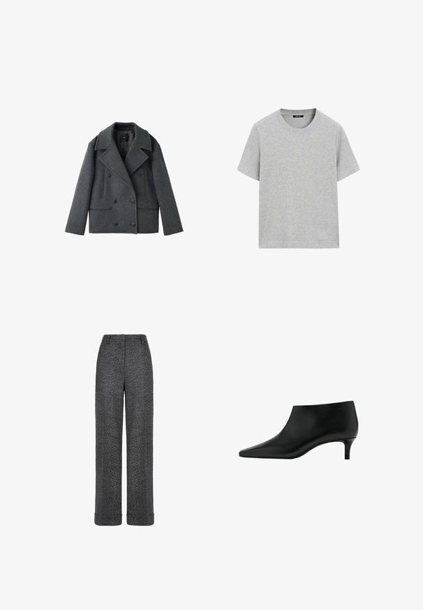 Grauer Wollmix doppelreihiger Peacoat mit Reverskragen, zwei seitlichen Taschen und Knopfverschlüssen; zeichnet sich durch eine strukturierte Form und einen strukturierten Stoff aus.; Hellgraues Kurzarm-T-Shirt aus Baumwolle mit Rundhalsausschnitt und regulärer Passform, flach auf einem weißen Hintergrund ausgelegt.; Graue Wollhose mit Fischgratmuster, geraden Beinen, aufgeschlagenen Säumen und einem Bund mit Gürtelschlaufen.; Schwarzer Leder-Stiefelette mit spitz zulaufender Zehenpartie und niedrigem Kitten-Heel, entworfen für eleganten und formellen Gebrauch.
