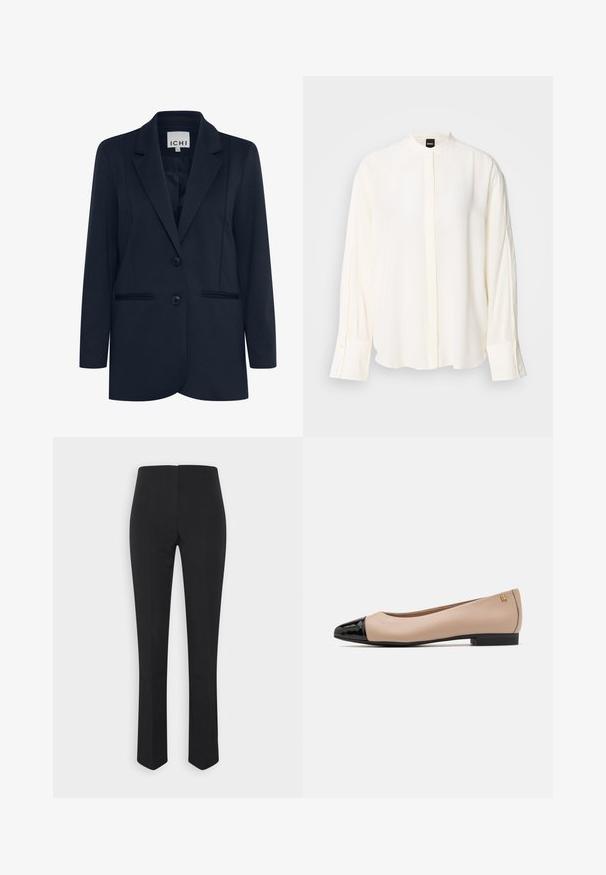 Mørkeblå blazer lavet af glat stof. Har en spidse revers, to-knaps lukning, sidelommer og subtile sømdetaljer.; Langærmet, cremefarvet bluse lavet af glat stof; mandarin-krave, forflap, knappede ærmekanter og en afslappet pasform.; Vero Moda VMTALIVIA SOLID PANT - Bukser - black; Nøgen flad sko med en blank sort patenttå og en lille sort hæl. Har diskret branding på hælen og en glat tekstur.
